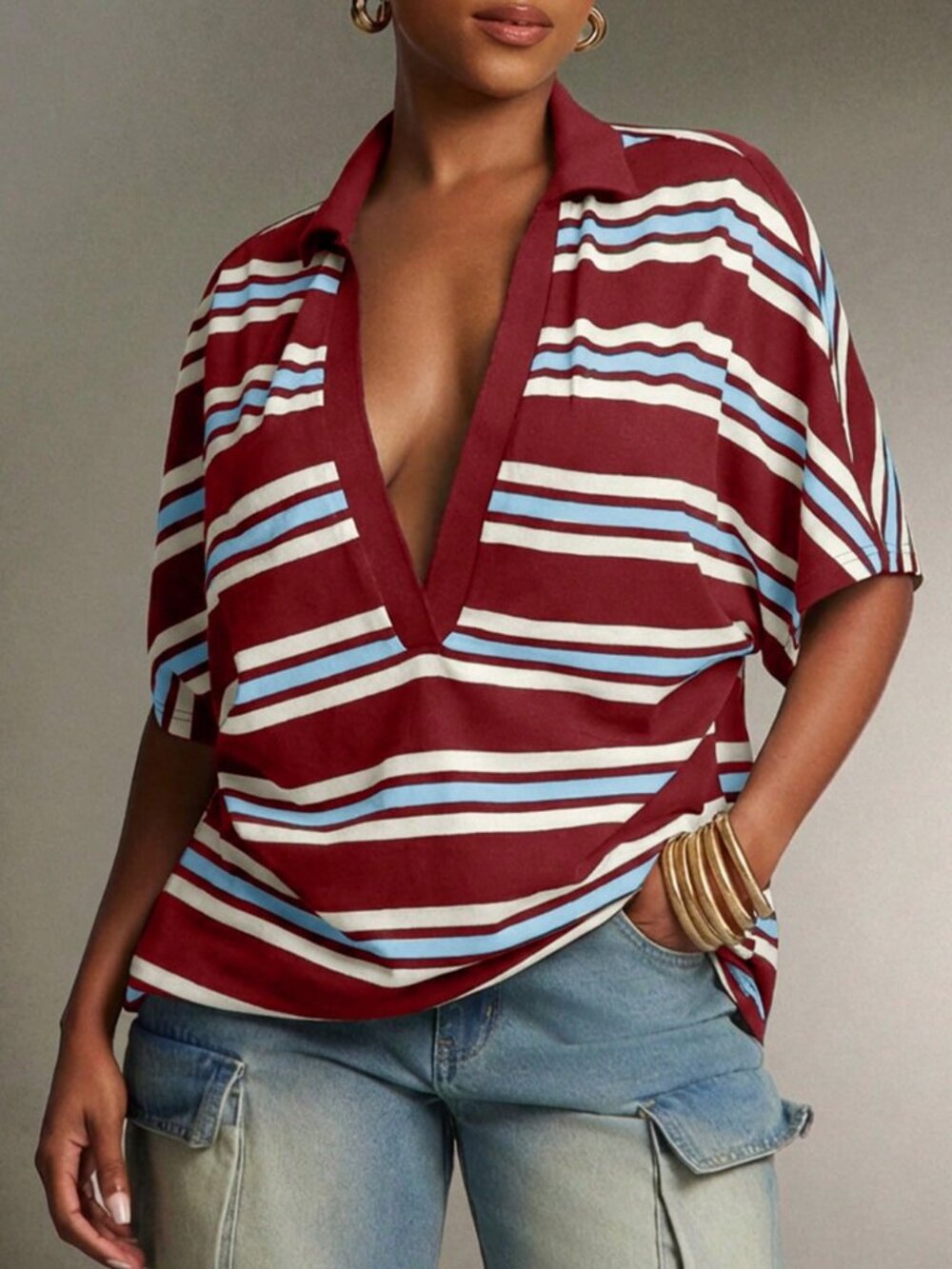 Burgundy Casual Women's Plunge Neck Collared Oversized Striped Polo Top